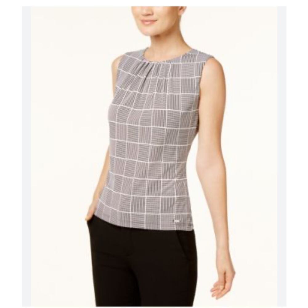 Calvin Klein Pleated Plaid Sleeveless Top Size Large
